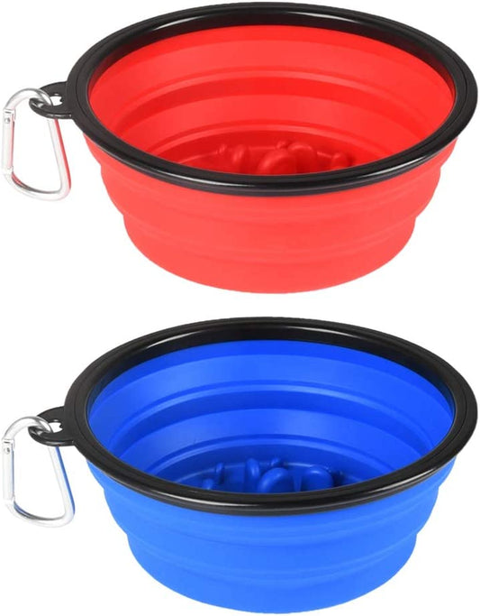 Collapsible Dog Bowls, Large Portable Travel Dog Bowls, 34Oz Foldable Dogs Water Food Slow Feeder Bowl, Collapse Feeding Dish for Walking, Traveling, Hiking, Camping (2 Pack)