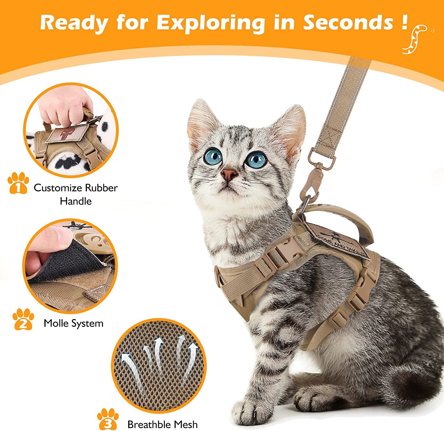 Tactical Cat Harness and Leash Set for Walking Escape Proof, Adjustable Large Cat Vest Harness with Molle Patches, Soft Mesh Padding, Rubber Handle Easy to Control