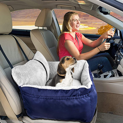 Dog Car Seat for Small Dogs, Fully Detachable and Washable Cat Carseats under 25 Lbs, Soft Pet Booster Seats with Storage Pockets and Clip-On Leash Portable Car Travel Carrier Bed, Blue