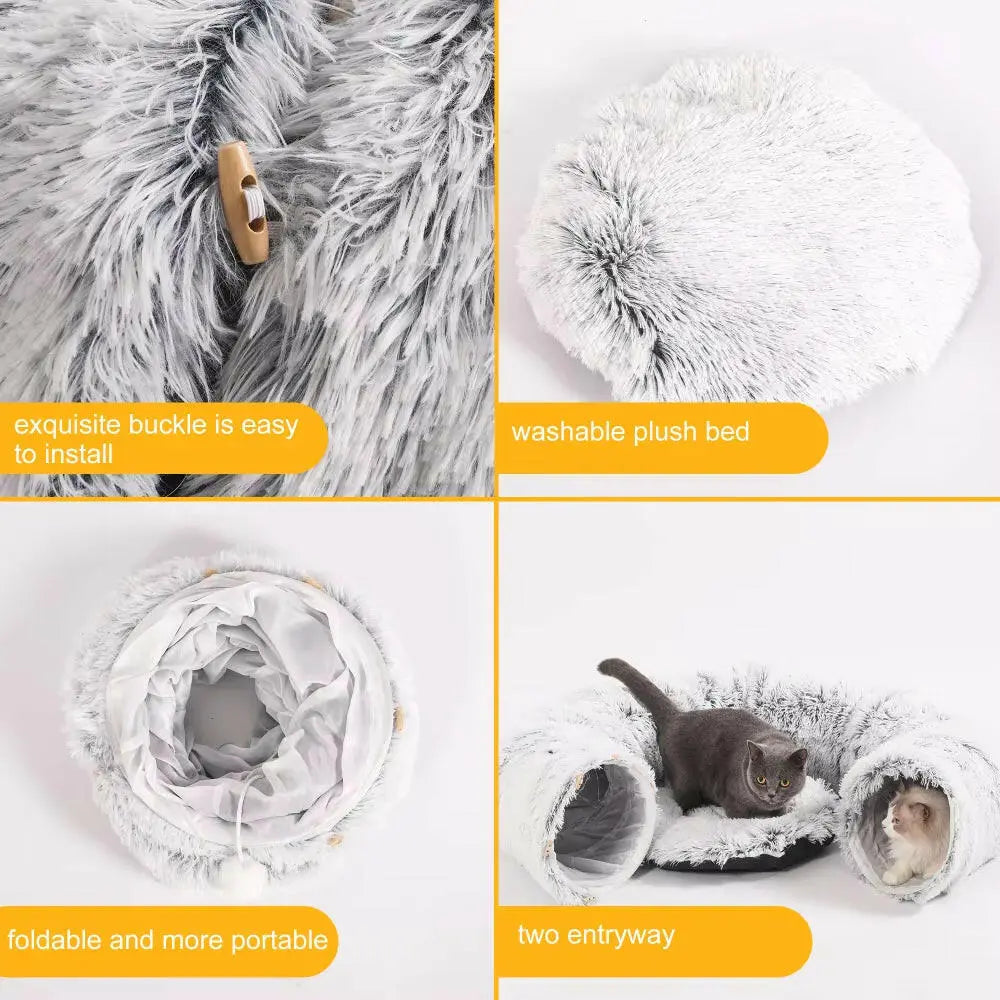 Plush Pets Cat Kennel Gray Foldable round Cats Nest Crossing Tunnel Bed Winter Warm Collapsible Basket Cushion Mat Pet Supplies