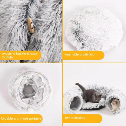 Plush Pets Cat Kennel Gray Foldable round Cats Nest Crossing Tunnel Bed Winter Warm Collapsible Basket Cushion Mat Pet Supplies