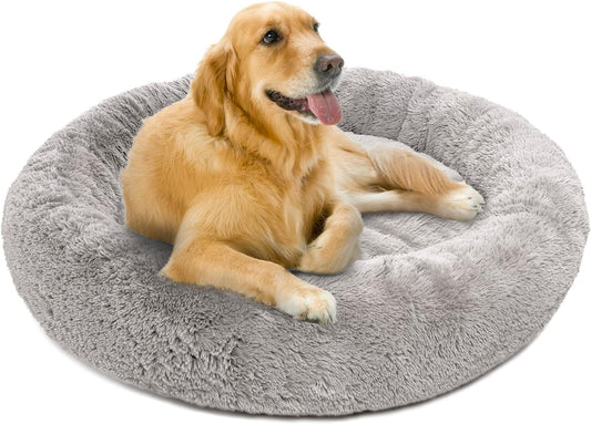 Donut Dog Bed Faux Fur Fluffy Calming Sofa for Large Dogs, Soft & Plush anti Anxiety Pet Couch for Dogs, Machine Washable Coco Pet Bed with Non-Slip Bottom, 36"X36"X8" Grey