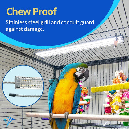 Happybird Lighting Bird Cage Light with Chew Guard - Full Spectrum LED Pet Light - Simulates Natural Environment - Safe for Hookbill Birds – Easy to Install - (18" Long)