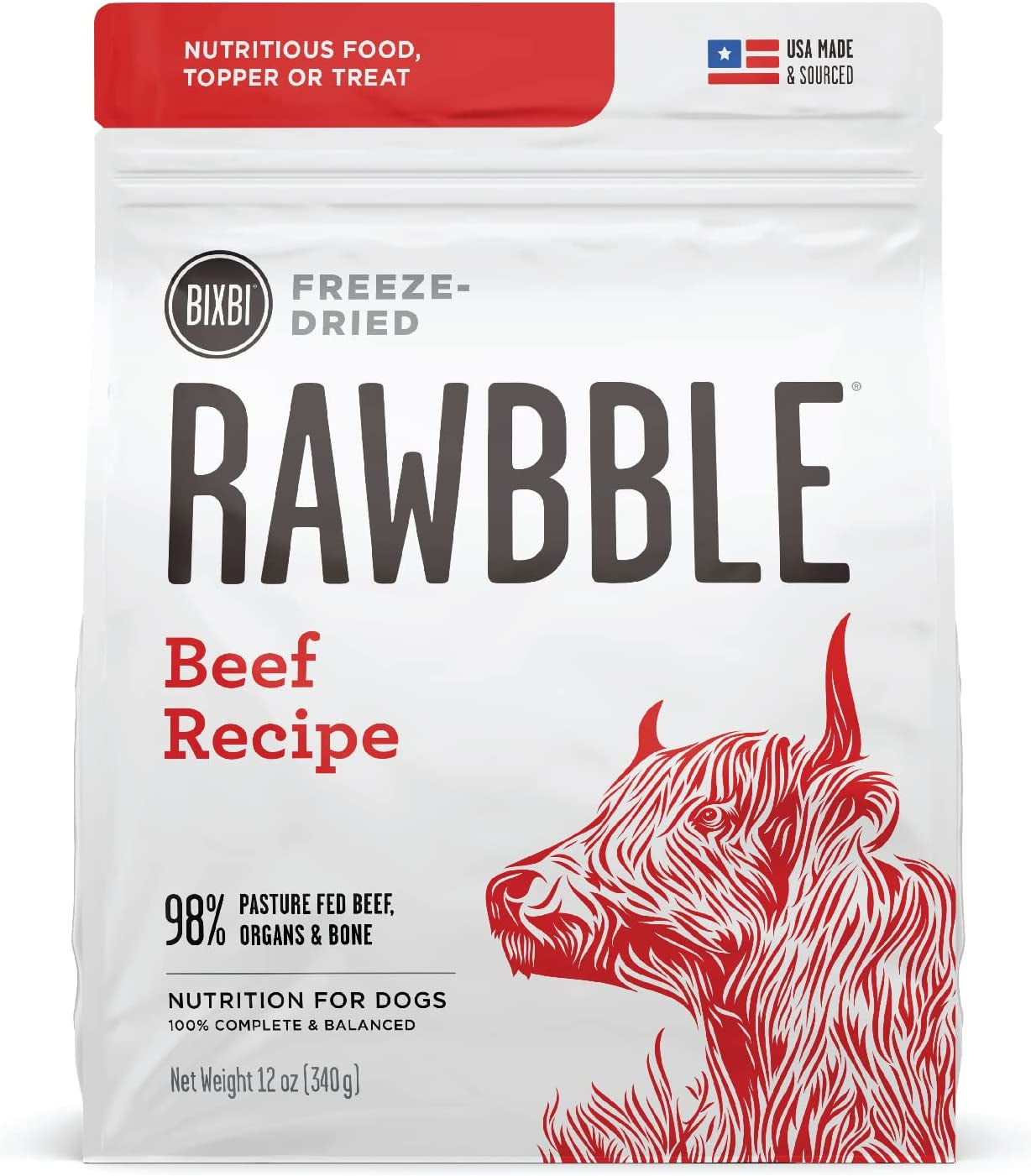 Rawbble Freeze Dried Dog Food, Beef Recipe, 12 Oz - 98% Meat and Organs, No Fillers - Pantry-Friendly Raw Dog Food for Meal, Treat or Food Topper - USA Made in Small Batches