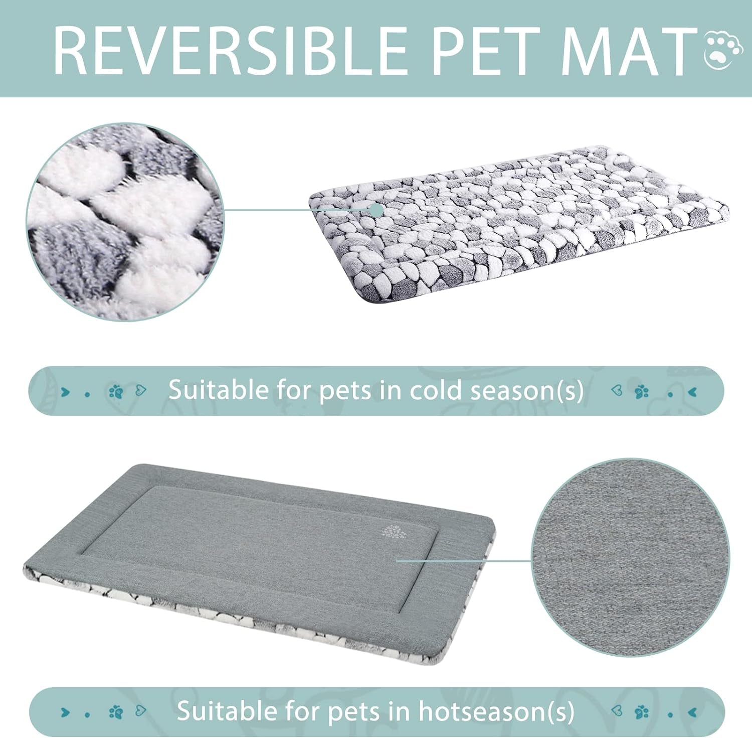 Dog Crate Pad Bed Mat Reversible (Warm & Cool), Soft Pet Sleeping Mat Dog Bed for Crate Suitable for Small to Xx-Large Dogs and Cats, Machine Washable Crate Beds, Grey Stone Pattern