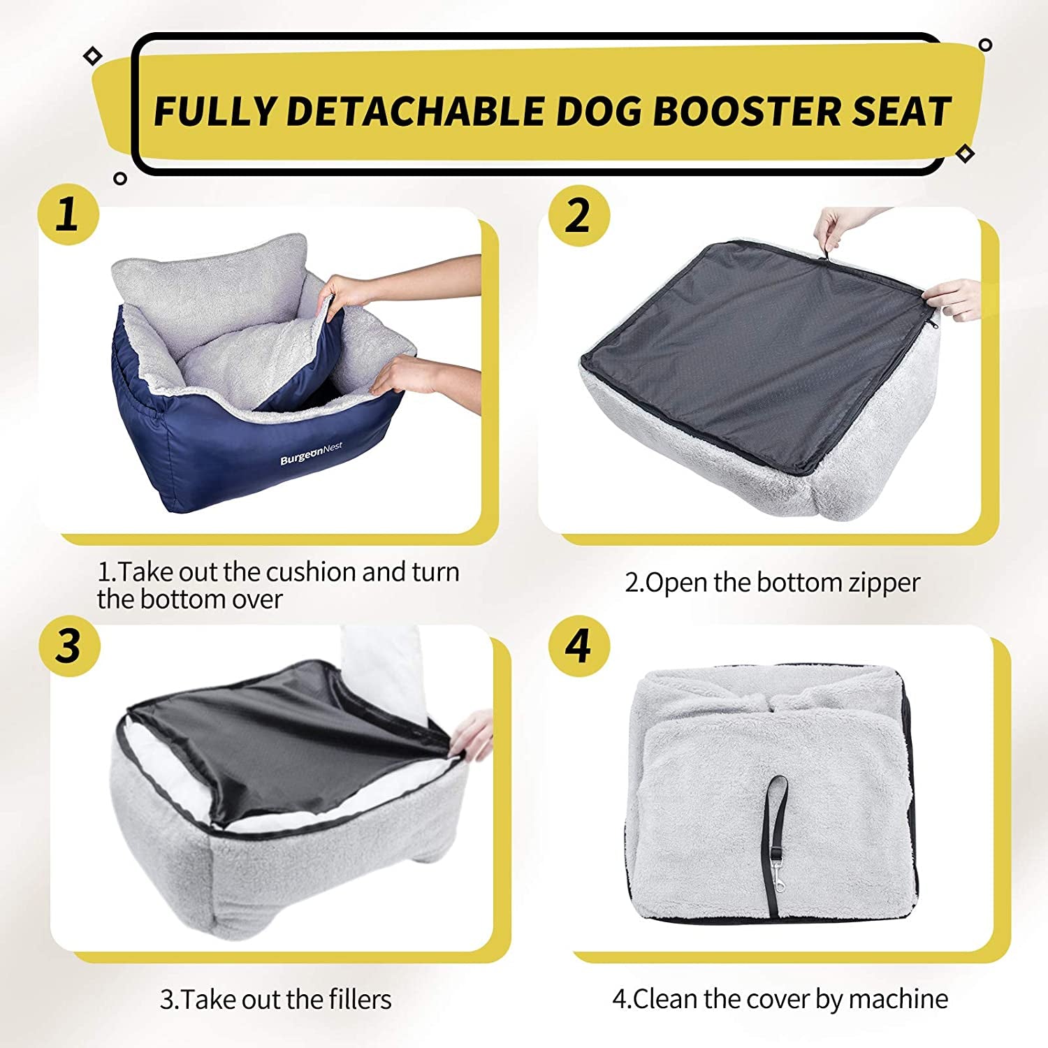 Dog Car Seat for Small Dogs, Fully Detachable and Washable Cat Carseats under 25 Lbs, Soft Pet Booster Seats with Storage Pockets and Clip-On Leash Portable Car Travel Carrier Bed, Blue